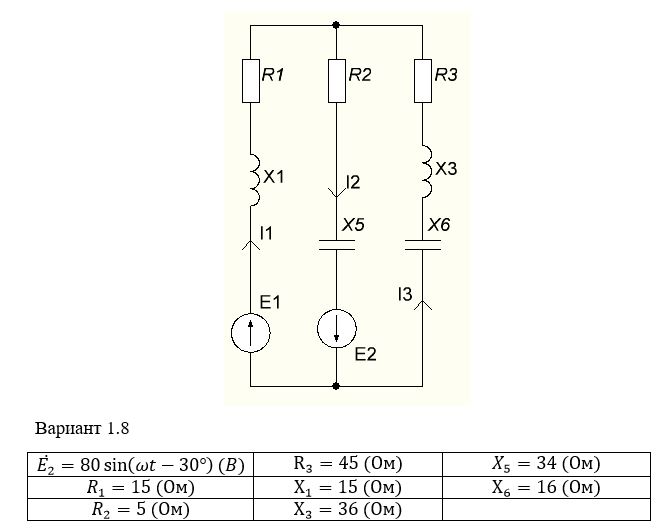 <b>Задание 1. Расчёт цепей переменного тока</b>. <br />1.Найти токи в ветвях схемы с одним источником ЭДС, используя эквивалентные преобразования схемы: а) принять значение ЭДС первого источника равным нулю (Е1=0); б) найти входное (эквивалентное) сопротивление схемы; в) найти ток через источник ЭДС Е2; г) найти напряжение, приложенное к разветвленному участку схемы; д) найти токи в ветвях разветвленного участка. <br />2. Проверить правильность расчета схемы с одним источником ЭДС методом баланса мощностей. <br />3. По результатам расчета схемы с одним источником ЭДС построить векторную диаграмму токов и напряжений. <br />4. По результатам расчета схемы с одним источником ЭДС построить синусоиды мгновенных значений токов и ЭДС в ветвях схемы.<br /> <b>Вариант 8</b>