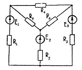 Определить токи в ветвях методом контурных токов <br />Дано:  <br />E1 = 60 В, E2 = 120 В, E3 = 80 В <br />R1 = 10 Ом, R2 = 12 Ом, R3 = 45 Ом, R4 = 45 Ом, R5 = 45 Ом, R6 = 35 Ом.