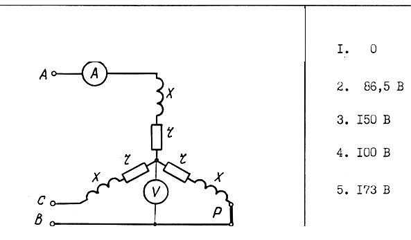Сопротивления катушер R= 6 Ом, X = 8 Ом. При симметричном режиме показание амперметра 10 А. Каким будет показание вольтметра при отключенном рубильнике?