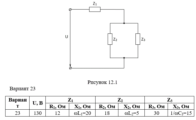 <b>Практическая работа №12</b><br />Электрическая цепь, содержащая активные R и реактивные X элементы, соединённые по схеме, изображённой на рисунке 12.1, подключена к источнику синусоидального напряжения с действующим значением U.<br /> Определить действующие значения токов I1, I2, I3,; напряжения на участках цепи  U1 и  U2,3, потребляемые мощности: полную S, активную P и реактивную Q.<br /> Записать уравнения мгновенных значений токов i1, i2, i3. <br />*Построить в масштабе векторную диаграмму напряжений и токов. <br />Данные для расчетов (по вариантам) взять из таблицы 12.1  	<br /> <b>Вариант 23</b>