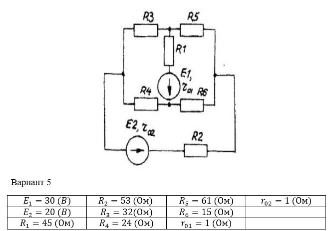 Для электрической цепи выполнить следующее: <br />1. составить на основании законов Кирхгофа систему уравнений для определения токов во всех ветвях схемы. <br />2. определить токи во всех ветвях схемы методом контурных токов. <br />3. определить токи во всех ветвях схемы на основании метода наложения. <br />4. составить баланс мощностей для заданной схемы. <br />5. результаты расчётов токов по пунктам 2 и 3 представить в виде таблицы и сравнить. <br />6. определить ток во второй ветви методом эквивалентного генератора. <br />7. построить потенциальную диаграмму для любого замкнутого контура, включающего обе ЭДС.<br /> <b>Вариант 5</b>