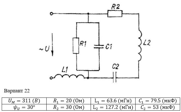 <b>Расчет однофазных линейных электрических цепей переменного тока</b> <br />Выполнить следующее:  <br />1) начертить схему замещения электрической цепи, соответствующую варианту, рассчитать реактивные сопротивления элементов цепи;  <br />2) определить действующие значения токов во всех ветвях цепи;  <br />3) записать уравнение мгновенного значения тока источника;  <br />4) составить баланс активных и реактивных мощностей;  <br />5) построить векторную диаграмму токов, совмещенную с топографической векторной диаграммой напряжений.  <br />6) результаты расчетов занесем в соответствующую таблицу<br /> <b>Вариант 22</b>