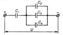 В цепи С1 = 3 пФ, С2 = 1 пФ, С3 = 2 пФ, С4 = 3 пФ, U = 20 В. <br />Определить общую емкость цепи, заряд и энергию электрического поля всей цепи.