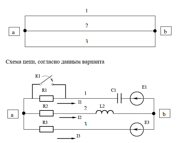 Для электрической схемы цепи синусоидального тока, изображенной в виде графа на рис. 1 и заданной в соответствии с номером варианта в табл. 1. выполнить:  <br />1. По заданному графу составить подробную электрическую схему заданной цепи, на схеме произвольно указать положительные направления токов в ветвях и обозначить их.  <br />2. Определить комплексы действующих значений токов и напряжений на элементах схемы во всех ветвях, воспользовавшись символическим 6 методом расчета линейных электрических цепей в установившихся режимах до и после коммутации ключа.  <br />3. Построить векторные диаграммы токов и напряжений на элементах схемы в установившихся режимах до и после коммутации ключа.  <br />4. Используя данные расчетов, полученных в п.2, записать выражение для мгновенного значения токов всех ветвей и напряжения на емкости.  <br />5. Рассчитать переходные процессы в цепи при замыкании ключа одним из методов (классический, операторный). Определить законы изменения токов во всех ветвях и напряжений на реактивных элементах.  <br />6. Построить графики изменений величин, указанных в п.5.   <br /><b>Вариант 55</b> <br />Дано:  <br />R1=70 Ом, C1 = 70 мкФ <br />R2 = 60 Ом, L2 = 90 мГн <br />R3 = 20 Ом,  <br />Em1 = 100 В, φ1 = -20° <br />Em3 = 50 В, φ3 = 0° <br />Ключ К1 <br />f=35 Гц