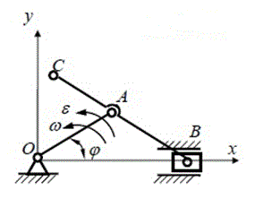 <b>Исследование плоскопараллельного движения твердого тела</b><br /> Дано: ω = 2 (рад/с); ε = 10 (рад/с<sup>2</sup>); φ=75°; АО=25см; АВ=50см; ВС=15см <br />По заданной угловой скорости ведущего звена для заданного положения механизма определить линейные скорости всех точек и угловые скорости его звеньев. <br />По найденным величинам угловых скоростей звеньев и заданной величине углового ускорения ведущего звена, и определить линейные ускорения точек, изображенных на схеме, и угловые ускорения звеньев механизма.<br /> <b>Вариант 20-5</b>