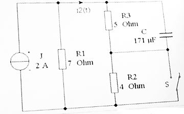 2. Определить начальное и конечное напряжение на конденсаторе до и после замыкания ключа <br />3. Рассчитать переходной процесс после замыкания ключа классическим методом <br />Определить i2(t)