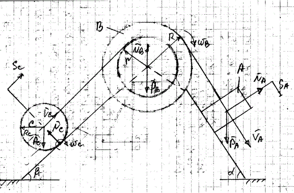 Практическое задание 6 <br /><b>«Теорема об изменении кинетической энергии механической системы»</b><br /> Механизм, состоящий из груза А, блока В (больший радиус – R, меньший –   r, радиус инерции относительно центральной оси – i) и однородного круглого   цилиндра С радиусом RC, установлен на призме, закрепленной на плоскости.   Под действием сил тяжести из состояния покоя механизм пришел в   движение. Качение цилиндра (блока) происходит без проскальзывания.   Трения на неподвижной оси вращающегося блока (цилиндра) нет. Нити,   соединяющие тела, параллельны плоскостям. Какую скорость развил груз А,   переместившись на расстояние S<sub>A</sub>?<br /><b>Вариант 54 (Схема 22)</b> <br /> Дано: m<sub>A</sub>=9кг, m<sub>B</sub>=3кг, m<sub>C</sub>=15кг, α=60°, β=45°, R<sub>C</sub>=30см=0.3м, g≈9.8м/с<sup>2</sup>, R=60см=0.6м, r=40см=0.4м, i=52см=0.52м, S<sub>A</sub>=1м. <br />Определить: V<sub>A</sub>-?