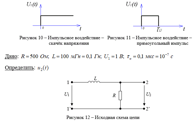 <b>Расчёт переходных процессов с помощью интеграла Дюамеля</b><br /><br />3.1.	Найти переходную и импульсную характеристики цепи. Параметры внешнего воздействия, представленного скачком напряжения (рис. 10). Реакция цепи на внешнее воздействие – напряжение на зажимах 2-2’.  <br />3.2.	Определить реакцию цепи на воздействие прямоугольного импульса (рис. 11) по переходной характеристике цепи. <br />3.3.	Определить реакцию цепи для заданного воздействия (задание 3.2.) по её импульсной характеристике.<br /> <b>Вариант 8</b>