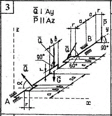 <b>Расчетно-графическая работа №3  <br />С-6 Задача №2</b>  <br />На рис. 33-37 представлены схемы конструкций, на каждую из которых действует произвольная пространственная система сил (в разных вариантах количество заданных сил различно).  <br />Во всех вариантах G = N, кН, а величина сил Q и Т вычисляются по приведенным ниже формулам:<br />Q =2+N, кН; T = 10-N, кН; <br />где N- номер группы или число, указанное преподавателем. <br />Данные о геометрических размерах конструкции (а, b, с, R, r) и значение угла  α приведены в табл.6. <br />Определить реакций опор конструкции и величину силы Р. <br />Проверить правильность полученных результатов.<br />  Дано: N = 1  G = 1 кН, Q = 3 кН, T = =9 кНм, a = 20 см, bv = 15 см, c = 20 см, r= 15 см, α = 30°. <br />Схема 3. 