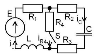 <b>Переходные процессы в RLC-цепи постоянного и переменного тока</b><br /> С источником ЭДС постоянного тока найти классическим и операторным  методами токи и напряжения в индуктивности и конденсаторе. <br />Построить диаграмму для t=0-4τmax <br /><b>Вариант 11 </b><br />Дано: Схема 5D <br />E = 220 В <br />L = 2 мГн <br />C = 20 мкФ <br />R1 = 20 Ом, R2 = 4 Ом, R3 = 16 Ом, R4 = 2 Ом<br />Ψ=110°