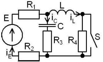 С источником ЭДС переменного синусоидального тока найти классическим и операторным  методами токи и напряжения в индуктивности и конденсаторе. <br />Построить диаграмму для t=0-4τmax <br /><b>Вариант 4</b> <br />Дано: № схемы 3B <br />Е = 240 В <br />L = 2 мГн <br />C = 15 мкФ <br />R1 = 3 Ом <br />R2 = 0 Ом <br />R3 = R4 = 1 Ом <br />ψ<sub>E</sub>=10°•N=10°•4=40° 