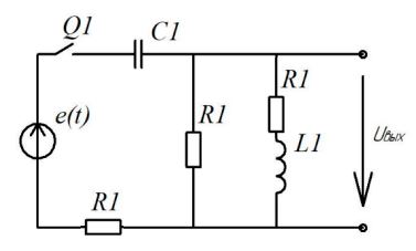 <b>Задача 1 Классический метод расчета </b> <br />Классическим методом рассчитать схему, найти uвых(t) и изобразить временные диаграммы этого напряжения и токов в цепи.   <br />Дано: <br />e(t)=110sin(300t+90°) B; <br />R1 = 245 Ом, L1 = 80 мГн, C = 60 мкФ