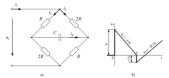 <b>Задача 4.2. Расчет переходных процессов с применением интеграла Дюамеля. </b> <br />Дана электрическая схема (рисунок 4.21), на входе которой действует напряжение, изменяющееся во времени по заданному закону u1(t). Требуется определить закон изменения во времени тока в одной из ветвей схемы или напряжения на заданном участке схемы. В таблице 4.2 в соответствии с номером варианта указан номер рисунка, на котором приведен график изменения во времени входного напряжения (рисунки 4.22 — 4.31). Параметры цепи R, L, С заданы в буквенном виде. Задачу требуется решить, используя интеграл Дюамеля. Искомую величину следует определить (записать ее аналитическое выражение) для всех интервалов времени. В зависимости от условий задачи полный ответ будет содержать два или три соотношения, каждое из которых справедливо лишь в определенном диапазоне времени.  <br />В каждом ответе следует выполнить приведение подобных членов относительно e<sup>-b1t</sup>, e<sup>-b1(t-t1)</sup> , t  и выделить постоянную составляющую. <br /><b>Вариант 47</b><br />Дано:  Схема 4.21 в) <br />Рисунок с графиком U1(t): 4.27 <br />Определить: i2