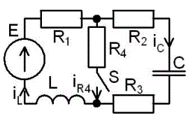 <b>Переходные процессы в RLC-цепи постоянного и переменного тока</b><br />Определить ток через индуктивность и напряжение на емкости<br /><b> Вариант 31</b><br />Дано: Схема 5D <br />E = 100 В <br />L = 1 мГн <br />C = 10 мкФ <br />R1 = 20 Ом, R2 = 8 Ом, R3 = 12 Ом, R4 = 2 Ом<br />ψ<sub>E</sub>=10°•31=310°=-50°