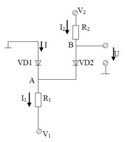 <b>Задача 1.3</b> <br />Полагая диоды идеальными (напряжение на открытом диоде равно нулю, а сопротивление в запертом состоянии равно бесконечности), найти значение тока I и U для цепи.<br /><b>Вариант 2</b><br />  Дано <br />R1=10 кОм; <br />R2=15 кОм; <br />V1=-20 В; <br />V2=+10 В;
