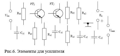 <b>Задача 6.</b> В данной задаче выполнить следующие задания: <br />1) Дать краткое описание принципа работы электронного устройства: <b>Микропроцессор.</b><br />2) Составить схему двухкаскадного усилителя с резистивно-емкостной связью между каскадами на биполярных транзисторах из элементов, указанных на рис. 6. Схема включения транзисторов – с общим эмиттером. Объяснить назначение элементов схемы;<br />3) По заданным параметрам транзистора:  h<sub>11Э</sub>=1050  Ом; h<sub>21Э</sub> = 50  ; h<sub>22Э</sub> =5•10<sup>-5</sup> См; нагрузочном сопротивлении R<sub>H</sub>=33кОм=33∙10<sup>3</sup> Ом определить: <br />- коэффициенты усиления по току ,напряжению, мощности;  входное сопротивление  усилителя, выполненного на транзисторе с общим эмиттером.  <br />Расчеты выполнить по точным и приближенным формулам, результаты расчетов сравнить и сделать вывод.
