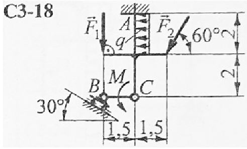 <b>Задание С3. Определение реакций опор составной конструкции</b> <br />Найти реакции опор и усилие в промежуточном шарнире С составной конструкции. Схемы конструкций представлены на рис. С3-1, …, С3-30 (размеры в м), нагрузка указана в табл. С3-1 <br /><b>Вариант 18  </b> <br />Дано: F1 = 7 кН, F2 = 12 кН, M = 26 кН•м, q = 1.3 кН/м