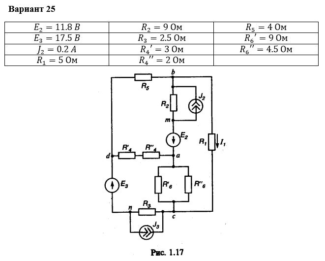 <b>Задача 1.1. Линейные электрические цепи постоянного тока</b><br />1. Упростить схему, заменив последовательно и параллельно соединенные резисторы четвертой и шестой ветвей эквивалентными. Дальнейший расчет вести для упрощенной схемы. <br />2. Составить на основании законов Кирхгофа систему уравнений для расчета токов во всех ветвях схемы. <br />3. Определить токи во всех ветвях схемы методом контурных токов. <br />4. Определить токи во всех ветвях схемы методом узловых потенциалов. <br />5. Результаты расчета токов, проведенного двумя методами, свести в таблицу и сравнить между собой. <br />6. Составить баланс мощностей в исходной схеме (схеме с источником тока), вычислив суммарную мощность источников и суммарную мощность нагрузок (сопротивлений). <br />7. Определить ток I1 в заданной по условию схеме с источником тока, используя метод эквивалентного генератора. <br />8. Начертить потенциальную диаграмму для любого замкнутого контура, включающего обе ЭДС.<br /> <b>Вариант 25</b>