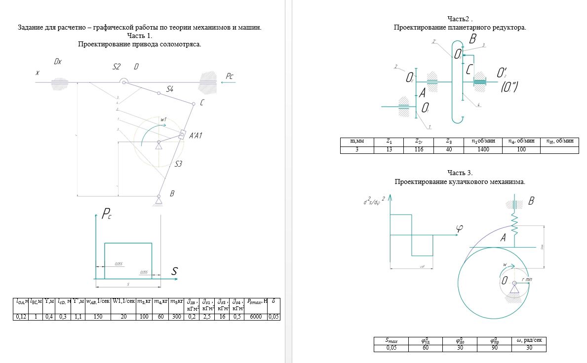 <b>Расчетно – графическая работа по теории механизмов и машин</b><br />Часть 1. Проектирование привода соломотряса.<br />Часть 2 . Проектирование планетарного редуктора.<br />Часть 3. Проектирование кулачкового механизма.<br />