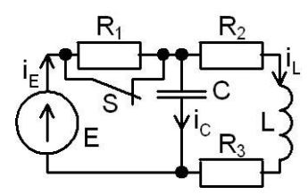 <b>Переходные процессы в RLC-цепи переменного тока</b><br />С источником ЭДС переменного синусоидального тока найти классическим методом токи и напряжения в индуктивности и конденсаторе. <br />Построить диаграмму для t=0-4τmax <br /><b>Вариант 9</b> <br />Дано: схема 1D <br />E = 150 В, <br />L = 1 мГн, C = 20 мкФ,  <br />R1 = 50 Ом, R2 = 25 Ом, R3 = 25 Ом <br />ψ<sub>E</sub>=10°•9=90°