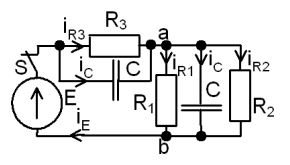 <b>Переходные процессы в RC-цепи переменного тока</b><br /> С источником ЭДС переменного синусоидального тока найти классическим методом ток и напряжение в конденсаторе  Построить диаграмму для t=0-4τ<br /><b> Вариант 8</b> <br />Дано: Схема 5B <br />E = 210 В <br />С = 10 мкФ <br />R1 = 4 Ом, R2 = 4 Ом, R3 = 2 Ом <br />ψ<sub>E</sub>=10°•Nвар=10°•8=80°;