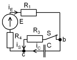 <b>Переходные процессы в RC-цепи переменного тока</b><br /> С источником ЭДС переменного синусоидального тока найти классическим методом ток и напряжение в конденсаторе  Построить диаграмму для t=0-4τ<br /><b> Вариант 12</b> <br />Дано: схема 4C <br />E = 210 В, <br />C = 10 мкФ, <br />R1 = 6 Ом, R2 = 10 Ом, R3 = 5 Ом, R4 = 4 Ом <br />ψ<sub>E</sub>=10°•Nвар=10°•12=120°;
