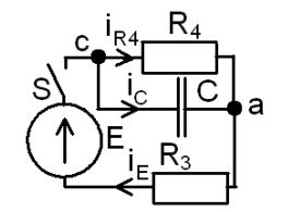 <b>Переходные процессы в RC-цепи переменного тока</b><br /> С источником ЭДС переменного синусоидального тока найти классическим методом ток и напряжение в конденсаторе  Построить диаграмму для t=0-4τ<br /><b> Вариант 18</b> <br />Дано: № схемы 4A <br />Е = 340 В <br />ψ<sub>E</sub>=10°•Nвар=10°•18=180°; <br />C = 20 мкФ <br />R3 = 8 Ом R4 = 4 Ом