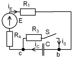 <b>Переходные процессы в RC-цепи переменного тока</b><br /> С источником ЭДС переменного синусоидального тока найти классическим методом ток и напряжение в конденсаторе  Построить диаграмму для t=0-4τ<br /><b> Вариант 22</b> <br />Дано: схема 1B <br />E = 300 В, <br />С = 10 мкФ, <br />R1 = 5 Ом, R2 = 10 Ом, R3 = 5 Ом, R4 = 5 Ом   <br />ψ<sub>E</sub>=10°•Nвар=10°•22=220°=-140°;