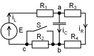<b>Переходные процессы в RC-цепи переменного тока</b><br /> С источником ЭДС переменного синусоидального тока найти классическим методом ток и напряжение в конденсаторе  Построить диаграмму для t=0-4τ<br /><b> Вариант 26</b> <br />Дано: схема 1A <br />E = 260 В, <br />С = 1000 мкФ, <br />R1 = 2 Ом, R2 = 13 Ом, R3 = 2 Ом, R4 = 3 Ом   <br />ψ<sub>E</sub>=10°•Nвар=10°•26=260°=-100°;