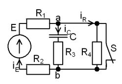 <b>Переходные процессы в RC-цепи переменного тока</b><br /> С источником ЭДС переменного синусоидального тока найти классическим методом ток и напряжение в конденсаторе  Построить диаграмму для t=0-4τ<br /><b> Вариант 34</b> <br />Дано: схема 2C <br />E = 340 В, <br />С = 10 мкФ, <br />R1 =25 Ом, R2 = 75 Ом, R3 = 50 Ом, R4 = 100 Ом <br />ψ<sub>E</sub>=10°•N_вар=10°•34=340°=-20°;