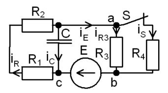 <b>Переходные процессы в RC-цепи переменного тока</b><br /> С источником ЭДС переменного синусоидального тока найти классическим методом ток и напряжение в конденсаторе  Построить диаграмму для t=0-4τ<br /><b> Вариант 40</b> <br />Дано: № схемы 4B <br />Е = 80 В <br />ψ<sub>E</sub>=10°•Nвар=10°•40=400°=40°; <br />C = 100 мкФ <br />R1 = 4 Ом, R2 = 6 Ом, R3 = 10 Ом, R4 = 10 Ом