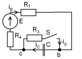 <b>Переходные процессы в RC-цепи переменного тока</b><br /> С источником ЭДС переменного синусоидального тока найти классическим методом ток и напряжение в конденсаторе  Построить диаграмму для t=0-4τ<br /><b> Вариант 42</b> <br />Дано: схема 1B <br />E = 200 В, <br />С = 5 мкФ, <br />R1 = 7 Ом, R2 = 10 Ом, R3 = 5 Ом, R4 = 3 Ом   <br />ψ<sub>E</sub>=10°•Nвар=10°•42=420°=60°;