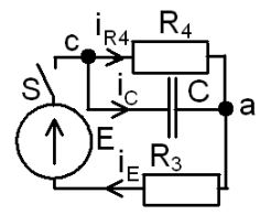 <b>Переходные процессы в RC-цепи переменного тока</b><br /> С источником ЭДС переменного синусоидального тока найти классическим методом ток и напряжение в конденсаторе  Построить диаграмму для t=0-4τ<br /><b> Вариант 78</b> <br />Дано: № схемы 4A <br />Е = 360 В <br />ψ<sub>E</sub>=10°•Nвар=10°•78=780°=60°; <br />C = 18 мкФ <br />R3 = 8 Ом <br />R4 = 4 Ом