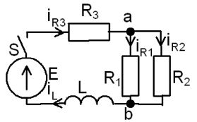 <b>Переходные процессы в RL-цепи переменного тока </b><br />С источником ЭДС переменного синусоидального тока найти классическим методом ток и напряжение в индуктивности  <br />Построить диаграмму для t=0-4τ <br /><b>Вариант 8</b> <br />Дано: Схема 5B <br />E = 210 В <br />L = 3 мГн <br />R1 = 4 Ом, R2 = 4 Ом, R3 = 2 Ом <br />ψ<sub>E</sub>=10°•Nвар=10°•8=80°;