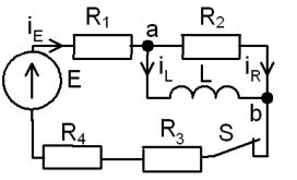 <b>Переходные процессы в RL-цепи переменного тока </b><br />С источником ЭДС переменного синусоидального тока найти классическим методом ток и напряжение в индуктивности  <br />Построить диаграмму для t=0-4τ <br /><b>Вариант 12</b> <br />Дано: схема 4C <br />E = 210 В, <br />L = 3 мГн, <br />R1 = 6 Ом, R2 = 10 Ом, R3 = 5 Ом, R4 = 4 Ом   <br />ψ<sub>E</sub>=10°•Nвар=10°•12=120°;