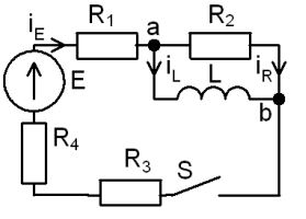 <b>Переходные процессы в RL-цепи переменного тока </b><br />С источником ЭДС переменного синусоидального тока найти классическим методом ток и напряжение в индуктивности  <br />Построить диаграмму для t=0-4τ <br /><b>Вариант 22</b> <br />Дано: схема 1B <br />E = 300 В, <br />L = 3 мГн, <br />R1 = 5 Ом, R2 = 10 Ом, R3 = 5 Ом, R4 = 5 Ом   <br />ψ<sub>E</sub>=10°•Nвар=10°•22=220°=-140°;