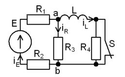 <b>Переходные процессы в RL-цепи переменного тока </b><br />С источником ЭДС переменного синусоидального тока найти классическим методом ток и напряжение в индуктивности  <br />Построить диаграмму для t=0-4τ <br /><b>Вариант 34</b> <br />Дано: схема 2C <br />E = 340 В, <br />L = 15 мГн, <br />R1 =25 Ом, R2 = 75 Ом, R3 = 50 Ом, R4 = 100 Ом   <br />ψ<sub>E</sub>=10°•Nвар=10°•34=340°=-20°;