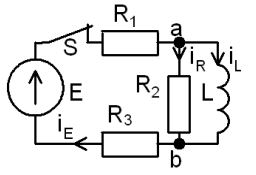 <b>Переходные процессы в RL-цепи переменного тока </b><br />С источником ЭДС переменного синусоидального тока найти классическим методом ток и напряжение в индуктивности  <br />Построить диаграмму для t=0-4τ <br /><b>Вариант 35</b> <br />Дано: № схемы 3D <br />Е = 150 В <br />ψ<sub>E</sub>=10°•Nвар=10°•35=350°=-10°; <br />L = 1.5 мГн <br />R1 = 15 Ом, R2 = 5 Ом, R3 = 4 Ом 