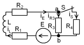 <b>Переходные процессы в RL-цепи переменного тока </b><br />С источником ЭДС переменного синусоидального тока найти классическим методом ток и напряжение в индуктивности  <br />Построить диаграмму для t=0-4τ <br /><b>Вариант 40</b> <br />Дано: № схемы 4B <br />Е = 80 В <br />ψ<sub>E</sub>=10°•Nвар=10°•40=400°=40°; <br />L = 1.5 мГн <br />R1 = 4 Ом <br />R2 = 6 Ом <br />R3 = 10 Ом <br />R4 = 10 Ом