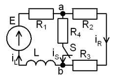 <b>Переходные процессы в RL-цепи переменного тока </b><br />С источником ЭДС переменного синусоидального тока найти классическим методом ток и напряжение в индуктивности  <br />Построить диаграмму для t=0-4τ <br /><b>Вариант 41</b> <br />Дано: схема 2A <br />E = 140 В, <br />L = 2 мГн, <br />R1 =20 Ом, R2 = 19 Ом, R3 = 10 Ом, R4 = 2 Ом   <br />ψ<sub>E</sub>=10°•Nвар=10°•41=410°=50°;