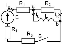 <b>Переходные процессы в RL-цепи переменного тока </b><br />С источником ЭДС переменного синусоидального тока найти классическим методом ток и напряжение в индуктивности  <br />Построить диаграмму для t=0-4τ <br /><b>Вариант 42</b> <br />Дано: схема 1B <br />E = 200 В, <br />L = 2.5 мГн, <br />R1 = 7 Ом, R2 = 10 Ом, R3 = 5 Ом, R4 = 3 Ом   <br />ψ<sub>E</sub>=10°•Nвар=10°•42=420°=60°;