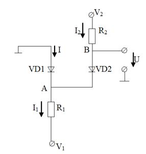 <b>Задача 1.3</b><br /> Полагая диоды идеальными (напряжение на открытом диоде равно нулю, а сопротивление в запертом состоянии равно бесконечности), найти значение тока I и U для цепи.<br /><b>Вариант 1</b><br />  Дано <br />R1=5 кОм; <br />R2=10 кОм; <br />V1=-10 В; <br />V2=+10 В;