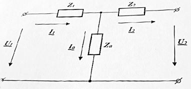 К первичным зажимам Т-образного четырехполюсника подключен приемник, реактивная мощность которого Q1=1,5 кВт и напряжение U1 = 150 В, cosφ<sub>1</sub> = 0.8; φ<0. Найти напряжение U2 и ток I2 четырехполюсника, если коэффициенты четырехполюсника равны соответственно: <u>A</u>=1.005; <u>B</u>=(1.203+j1.604) Ом; <u>C</u> = (0.003-j0.004) См; <u>D</u> = 1.005. 
