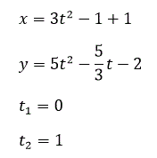 <b>Задание К-1. Определение скорости и ускорения точки по заданным уравнениям её движения. </b><br />Точка М движется в плоскости XY. Закон движения задан уравнениями: x=x(t) и y=y(t), где x и y выражены в сантиметрах, t – в секундах. <br />Установить вид траектории точки и для заданных моментов времени t1 и t2 найти положение точки на траектории, ее скорость, а также полное касательное и нормальное ускорения. <br /><b>Вариант 7</b> <br />x=3t<sup>2</sup>-1+1 <br />y=5t<sup>2</sup>-5/3 t-2 <br />t1=0 <br />t2=1