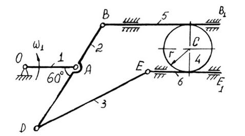 <b>Задача 3.</b>   <br />Ведущее звено 1 плоского механизма (кривошип ОА или ОАА1) вращается вокруг оси О с угловой скоростью w1 = 1 1/c. Для заданного на схеме вашего варианта положения механизма определить скорость точек D, E, C, B (для схем, где точки D, E, C указаны) и угловые скорости звеньев 2, 3, 4, 5. Скорости точек B, D и угловую скорость звена 2 найти графически и с помощью мгновенных центров скоростей. Остальные скорости (линейные точек и угловые звеньев) найти с помощью мгновенных центров скоростей. Присутствующий в схеме диск катится относительно неподвижного основания или подвижных реек без проскальзывания. ОА = 0,2 м; АВ = 0,2 м, AD = 0.3 м; DE = 0,5 м; r = 0,1 м.