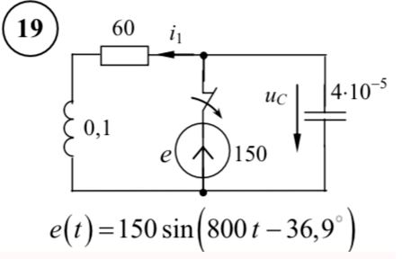 <b>Расчет переходных процессов в электрических цепях</b> <br />3.1. В цепи с двумя накопителями энергии (рис. 3.1) в переходном режиме классическим методом определить закон изменения напряжения на конденсаторе uC(t), указанном на схеме, если в цепи действует источник постоянного напряжения (тока). Построить график изменения uC(t), номер схемы – номер студента в списке группы. <br />3.2. В той же цепи при питании ее от источника синусоидального напряжения (тока) определить зависимые начальные условия переходного процесса uL(0+) и uC(0+).  <br /><b>Вариант 19</b>