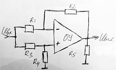 ОУ идеальный<br />Uвх= 2.44 В; R1= 3кОм; R2= 13кОм;  R3 =10кОм; R4 = 17кОм; R5 = 5кОм.<br />Найти Uвых<br />Провести моделирование в Electronics WorkBench