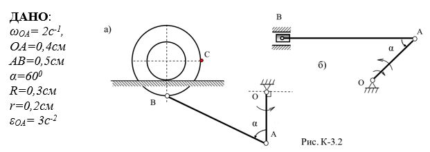 <b>Задача К3</b><br />Для заданного положения плоского механизма найти для рис а) скорости точек А, В, С, а также угловую скорость двухступенчатого колеса с радиусами R и г, катящегося по неподвижной поверхности без проскальзывания, и угловую скорость стержня АВ. Для рис. б) скорость и ускорение точек А и В кривошипно-шатунного механизма, а также угловую скорость и угловое ускорение шатуна АВ. Схемы механизмов изображены на рис. К 3.0 - К 3.9, а необходимые для расчета данные приведены в таблице. <br /><b>Рисунок 2 условие 4</b>
