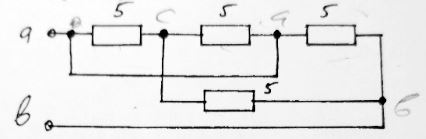 <b>Вариант №13</b> <br />Методом эквивалентных преобразований определить сопротивление схемы относительно зажимов «а-б». Рядом с каждым резистором написан его номинал в Омах.