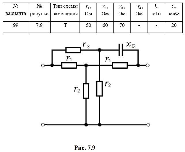 <b>Задание № 7.</b> <br /> Задание. Для электрической цепи четырехполюсника (рис. 7.1 – рис. 7.30), параметры которой приведены в табл. 7.1, для входных сигналов с частотой f = 800 Гц необходимо: <br />1. Определить параметры А <br />2. Вычислить сопротивления Т-образной или П-образной схемы замещения заданного четырехполюсника. <br />3. Вычислить характеристические сопротивления и меру передачи<br /><b>Вариант 99</b>